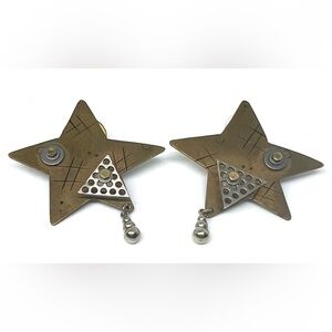 Vintage Artist Signed Thomas Mann Bronze Techno Romantic Star Statement Earrings